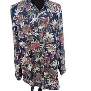 Intro Womens Floral Long Sleeve Snap Front Tunic Blouse Blue Pink Size Small